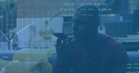 Poster - Image of financial data processing over african american businessman using smartphone