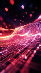 Fototapete - Captivating abstract digital waves with vibrant pink and red lights, creating an energetic sense of movement and depth.