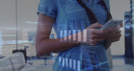 Poster - Image of financial data processing over caucasian woman using smartphone