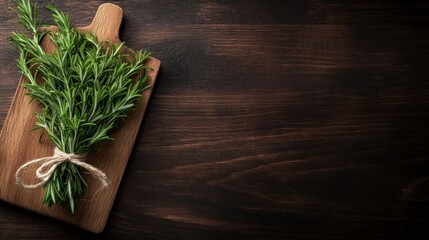 A freshly harvested bundle of rosemary herbs rests on a rustic wooden board, tied with twine, highlighting the vibrant green leaves and natural textures that evoke a sense of freshness