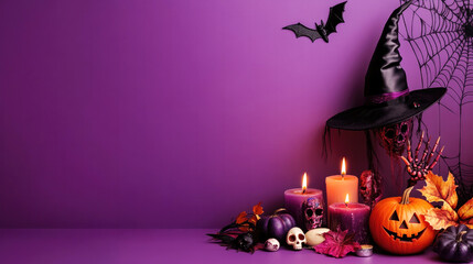 Wall Mural - halloween arrangement with a witch’s hat, carved pumpkin, and glowing candles in a dark, purple sett