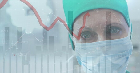 Poster - Image of statistics and data processing over caucasian female surgeon