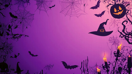 Wall Mural - halloween-themed illustration featuring black silhouettes of bats, spiderwebs, and a witch’s hat aga
