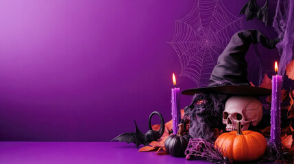 Wall Mural - a spooky halloween still life featuring a skull, pumpkins, and two purple candles, with a witch’s ha