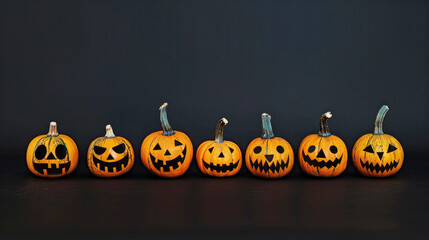 Wall Mural - a row of six carved pumpkins with various jack-o'-lantern faces lined up against a dark background. 