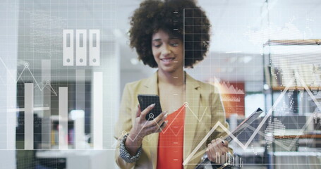 Poster - Image of data processing over african american businesswoman using smartphone in office