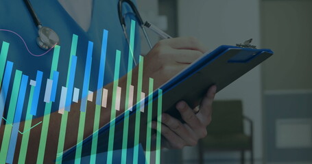 Poster - Image of financial data processing over caucasian female doctor with clipboard