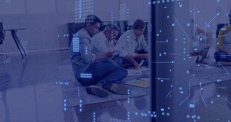 Poster - Analyzing documents, group of people sitting on floor with data processing image