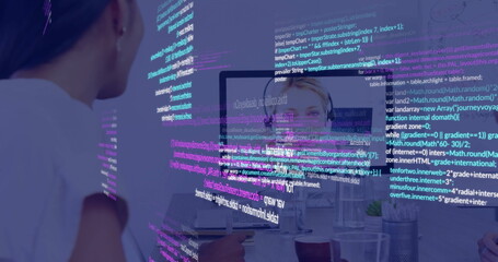 Poster - Computer code and data processing image over people working in office