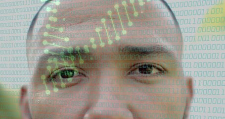 Poster - Binary code and DNA strand animation over close-up of person face