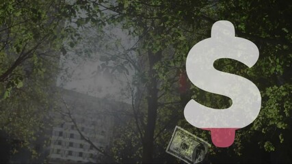 Poster - Dollar sign animation over urban landscape with trees and buildings