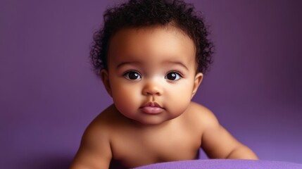 Sticker - baby 0-6 months sat on a purple studio. The baby is mixed race. Cute looking but staring directly down the camera. 