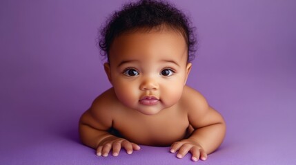 Sticker - baby 0-6 months sat on a purple studio. The baby is mixed race. Cute looking but staring directly down the camera. 