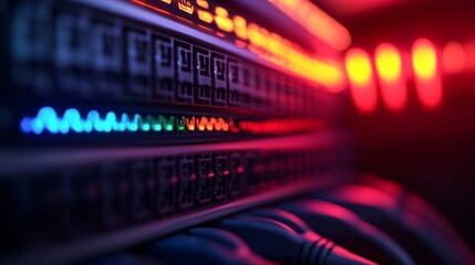 Poster - A close-up view showcases a network switch with color-coded cables neatly arranged and plugged into multiple ports, symbolizing advanced digital infrastructure in technology