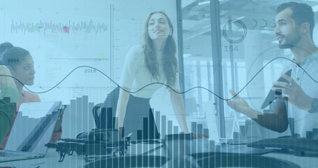 Poster - Image of financial data processing over diverse colleagues discussing work in office