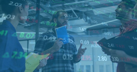 Poster - Image of financial data processing over diverse colleagues discussing work in office