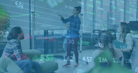 Poster - Image of financial data processing over diverse colleagues having meeting in office