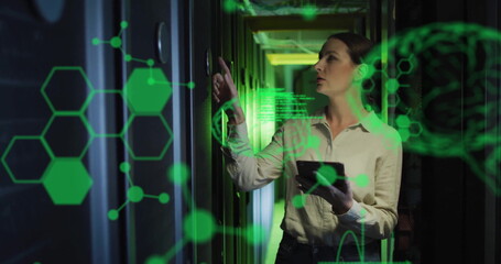 Poster - Image of data processing with brains over caucasian businesswoman in server room