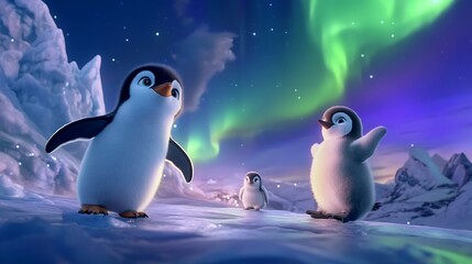 Three penguins stand on a snowy landscape under a vibrant aurora borealis.