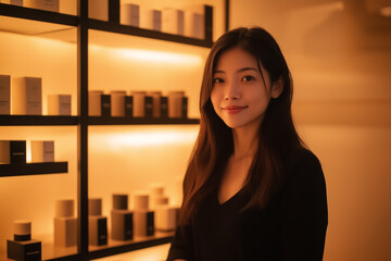 Portrait of a woman standing in a warmly lit store with shelves of products