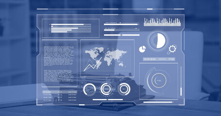 Poster - Image of financial data processing over desk in office