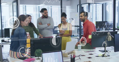 Poster - Image of financial data processing over diverse colleagues discussing work in office