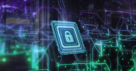 Poster - Image of padlock icon and digital data processing over computer servers