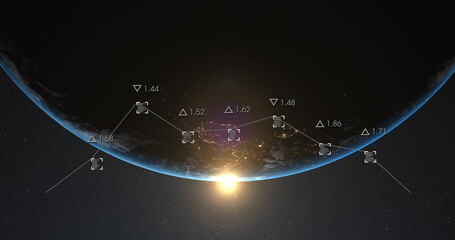 Canvas Print - Image of chart processing data over globe and sun in space