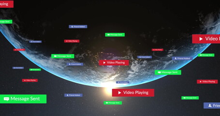 Poster - Image of social media notifications over globe in space