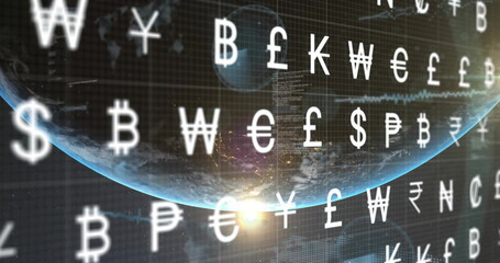 Poster - Image of world currency symbols moving over globe and sun in space