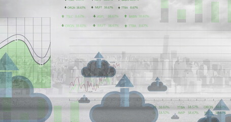 Wall Mural - Image of stock market and diagrams over digital clouds and cityscape