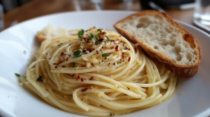 Poster - A vibrant plate of spaghetti aglio e olio, featuring garlic, olive oil, and chili flakes, served with a side of crusty bread, highlighting simplicity and flavor.