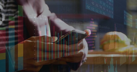 Poster - Image of financial data processing over caucasian man using smartphone