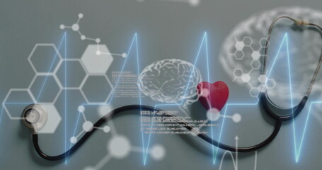 Poster - Image of cardiograph with molecules and data processing over stethoscope