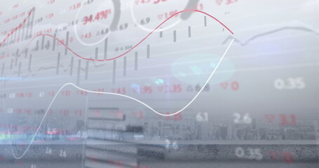 Wall Mural - Image of stock market and diagrams over cityscape