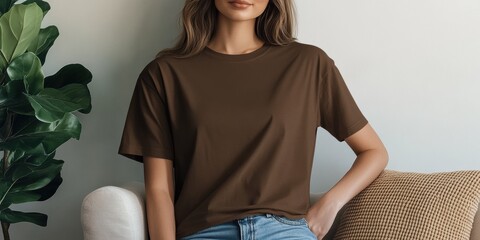 Canvas Print - A young woman poses casually in a brown shirt and jeans, sitting on a sofa beside a vibrant green plant during a bright afternoon in a modern living space