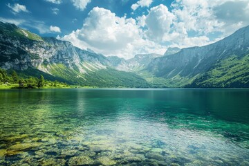 Wall Mural - Green mountains and clear waters, blue skies and white clouds, beautiful natural scenery