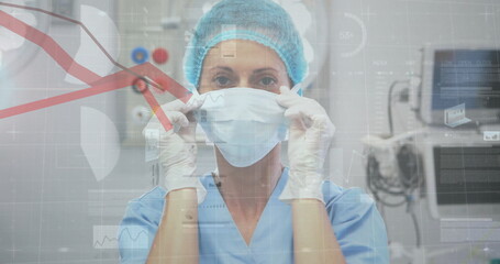 Poster - Image of statistics and data processing over caucasian female surgeon