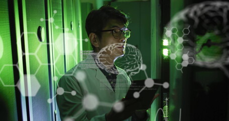Poster - Image of data processing with brains over asian male scientist in server room