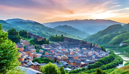 Nature and ethnic culture blend beautifully, mountains, evening glow, sky and humans create a magnificent scene.