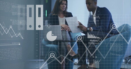 Poster - Image of financial data processing over diverse colleagues discussing work in office