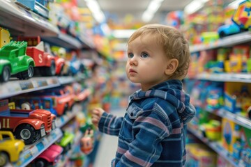 Poster - A curious child explores the shelves of a toy store, surrounded by colorful toys and games