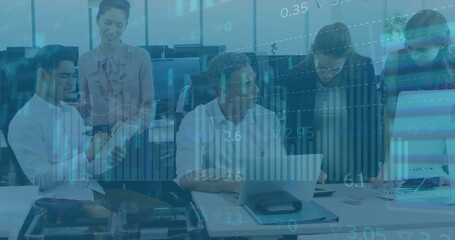 Poster - Image of financial data processing over diverse business people in office