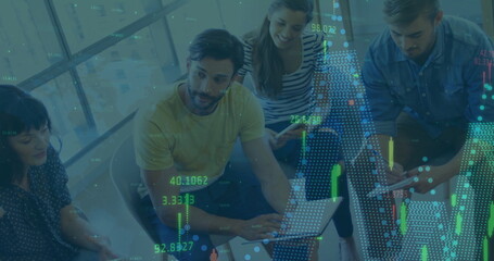 Aufkleber - Image of financial data processing over diverse business people in office