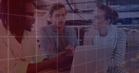 Poster - Image of data processing and diagrams over diverse business people discussing work
