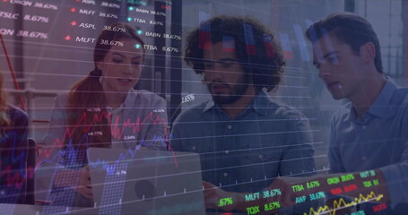 Poster - Image of data processing and diagrams over diverse business people discussing work