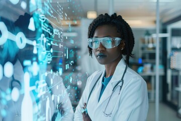 Canvas Print - Woman in lab coat and goggles examining data on a large screen