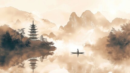 Poster - A person relaxing in a boat on a peaceful lake surrounded by majestic mountains