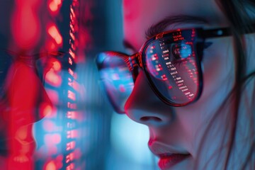 Aufkleber - A person with glasses sits and views digital information on a laptop