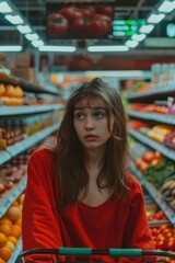 Fototapete - A woman holding a shopping cart in a grocery store setting